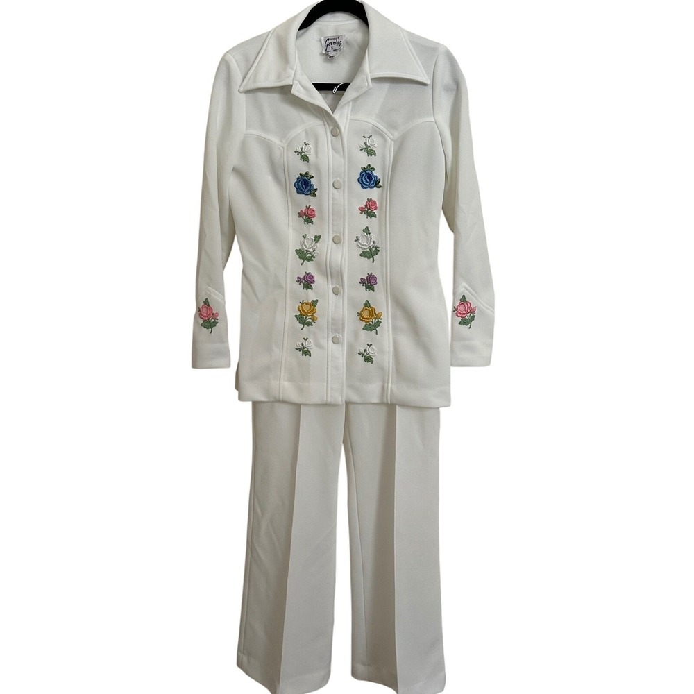 Vintage 70s George Gerring White Floral Embroidered Pantsuit 2-Piece Leisure Set
